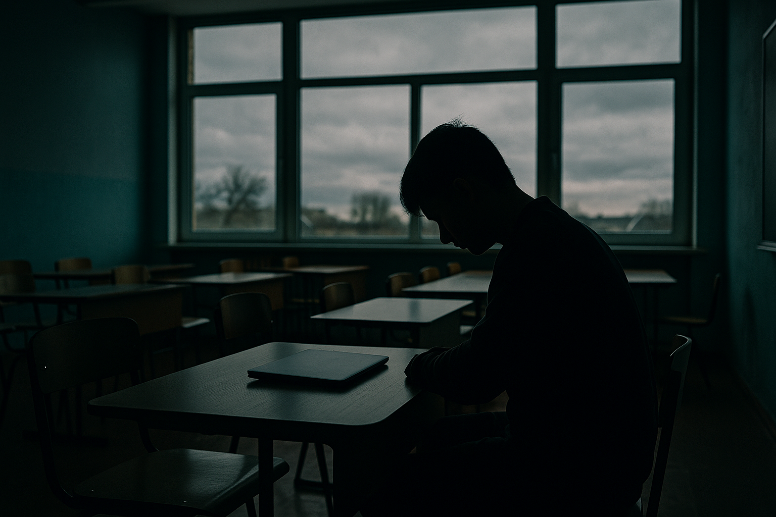 A student silhouette sits alone in a dimly lit classroom, representing the educational disruption faced by Ukrainian students