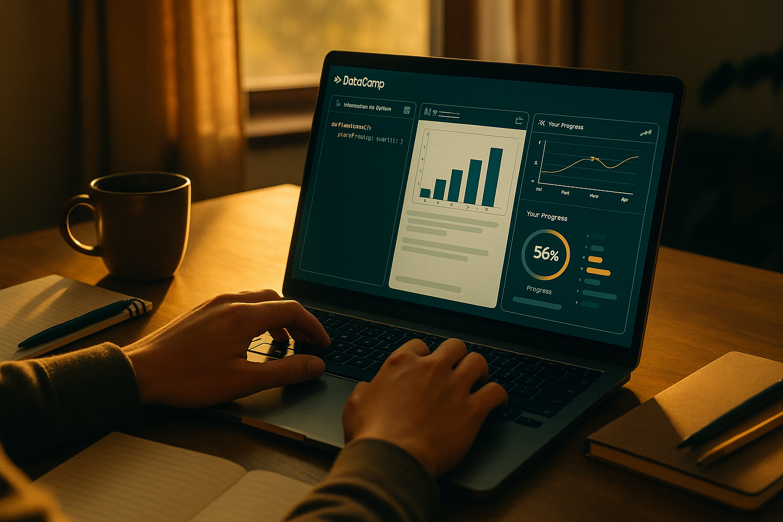 Hands typing on a laptop showing DataCamp's data science learning platform with progress charts and analytics